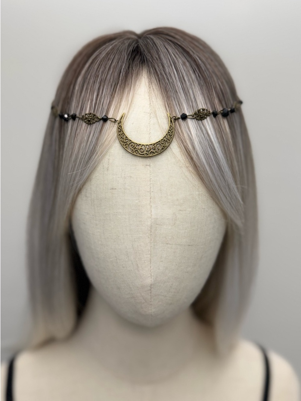 Bronze Crescent Moon Headpiece Women Boho Head Chain Black Beaded Hair Jewelry